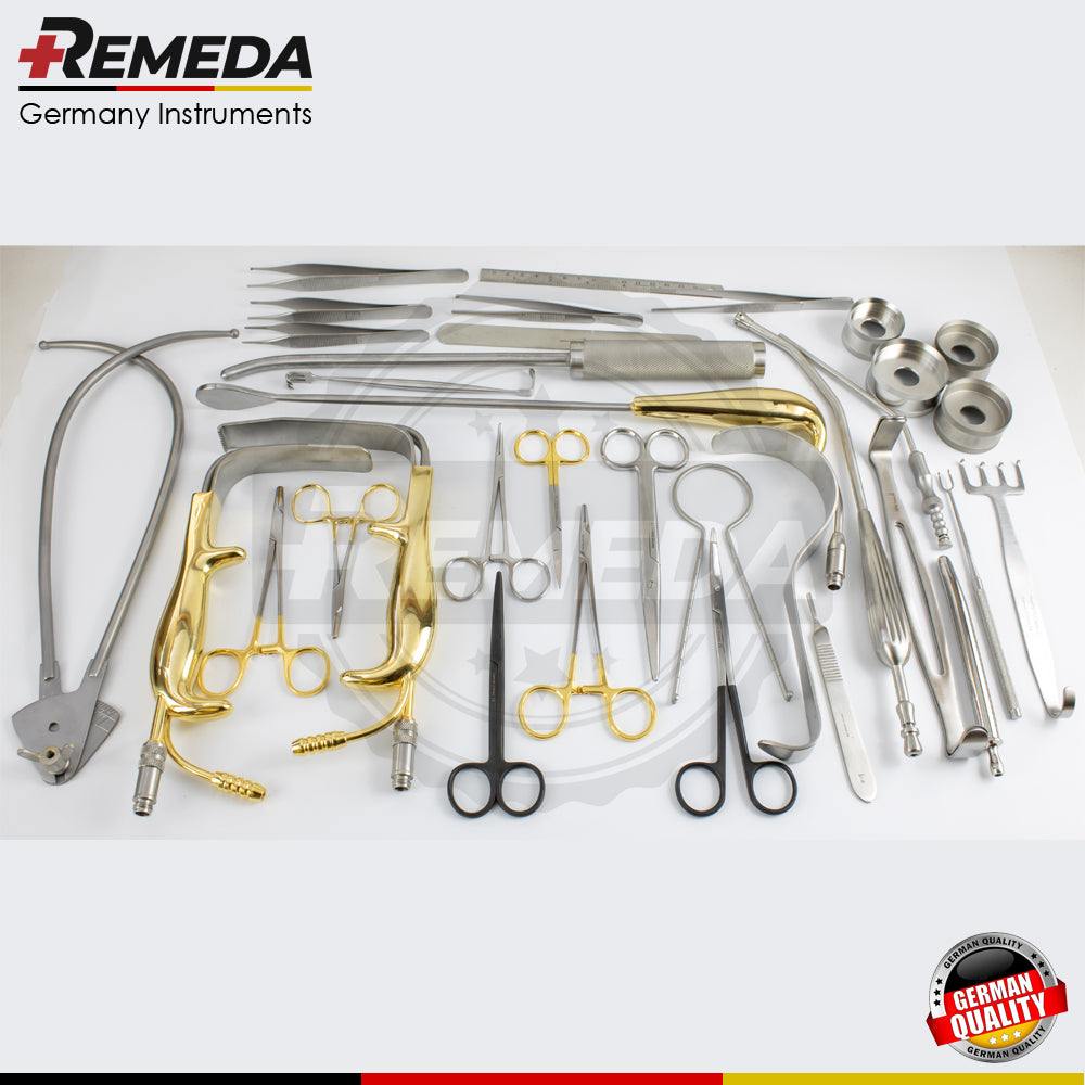 Sterile breast augmentation surgical instrument set on a stainless steel tray