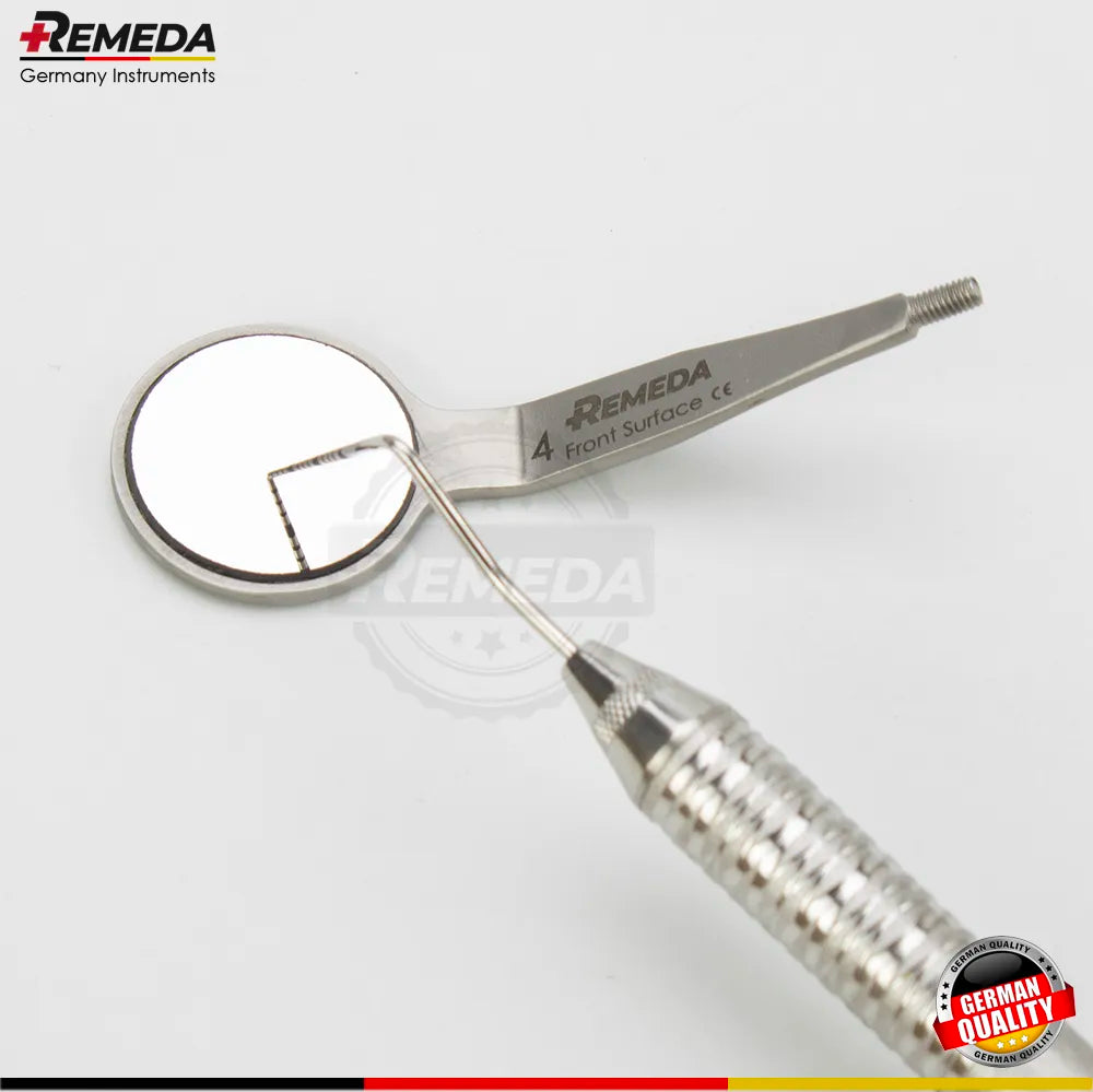 Close-up of a double sided front surface mouth mirror used in clinical dentistry to eliminate ghost images