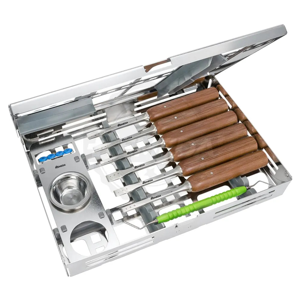 A professional IDR Kit (Immediate Dentoalveolar Restoration) featuring a stainless steel sterilization tray with a complete set of surgical micro-chisels, osteotomes, and bone condensers for dental implant procedures