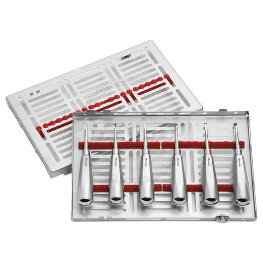 Lussatore Root Elevators Set of 6 premium German stainless steel dental instruments in a professional storage case