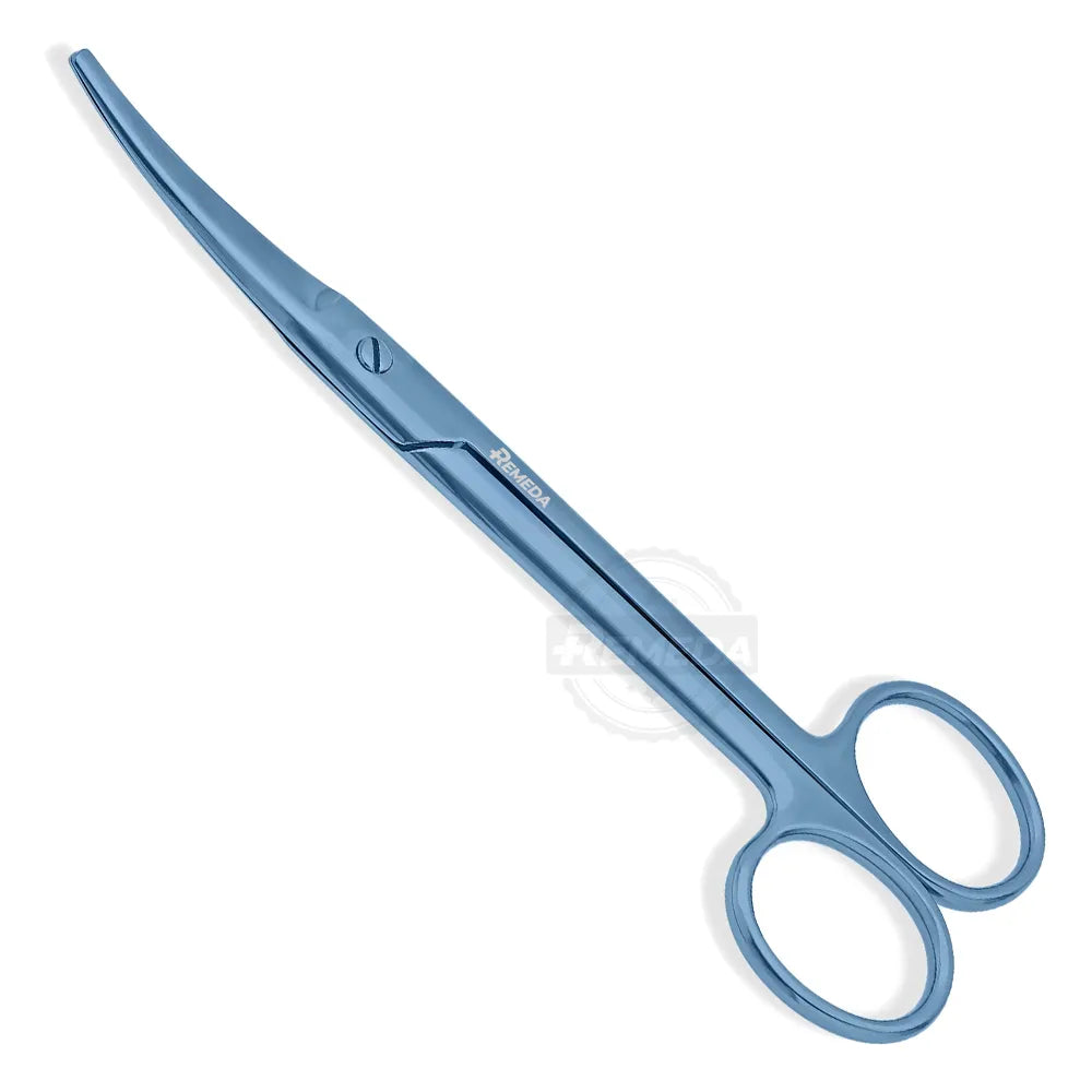 Curved Titanium Mayo Scissors with blue anodized finish for surgical tissue dissection